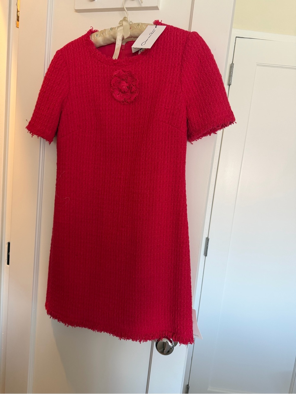 Oscar de la Renta Red Tweed A-Line Dress with Floral Applique
